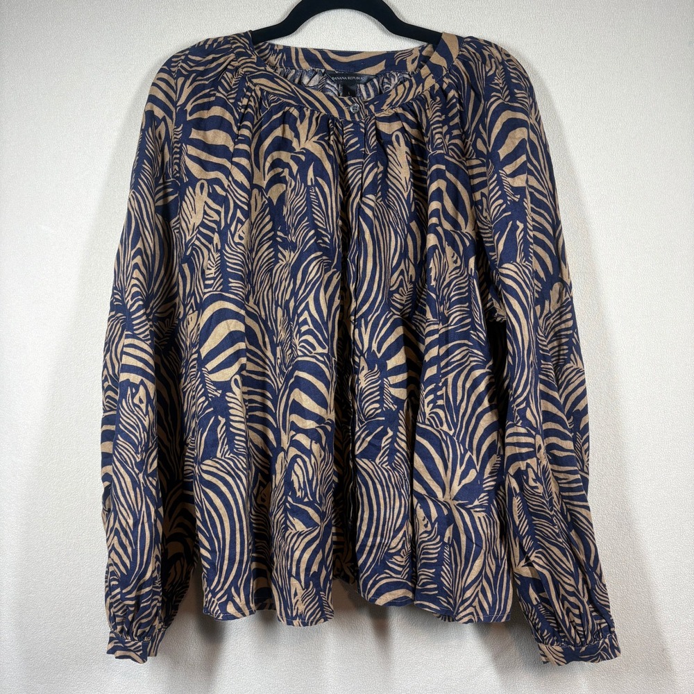 Banana Republic Zebra Print Linen Volume Blouse Womens L Navy Blue Tan Boho Chic